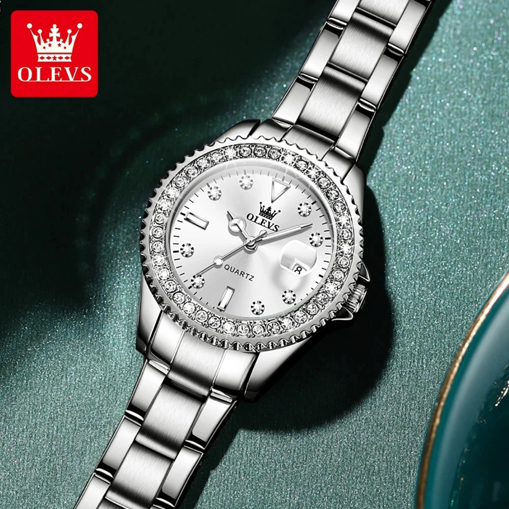 Montre Femme Quartz OLEVS 9945 — Cadran Diamant Lumineux, Acier Inoxydable, Date, 3 ATM