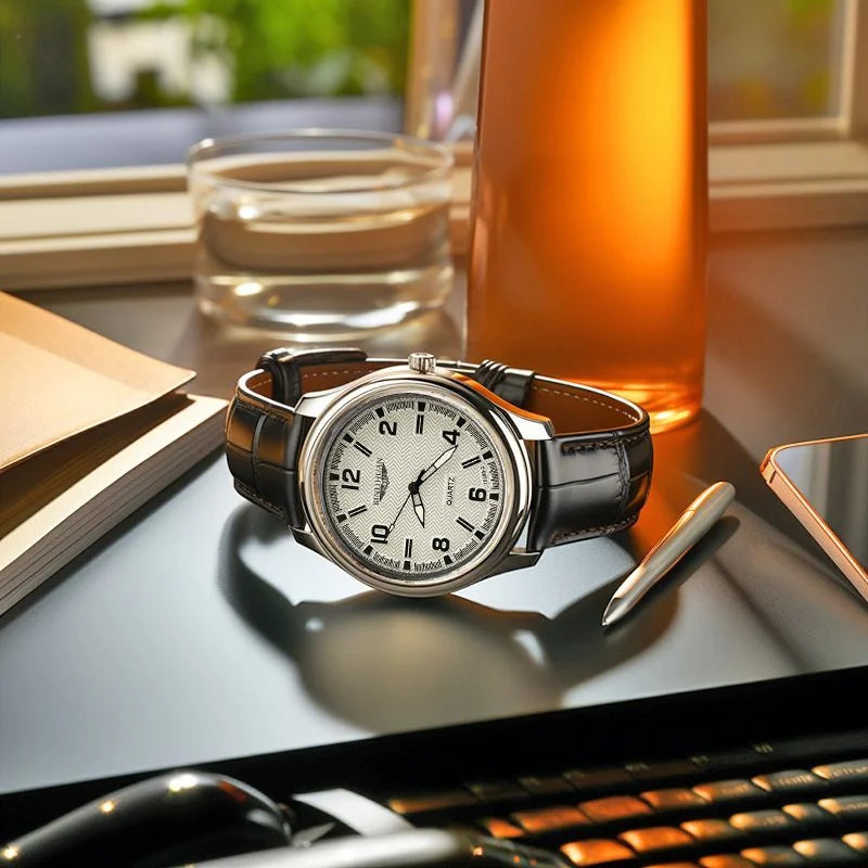 Montre Quartz Homme Business — Boîtier Rond Alliage, Bracelet Cuir, Étanche 3 ATM, Coffret Cadeau Inclus | TechNova X