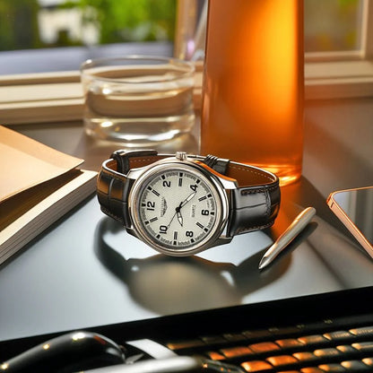 Montre Quartz Homme Business — Boîtier Rond Alliage, Bracelet Cuir, Étanche 3 ATM, Coffret Cadeau Inclus | TechNova X