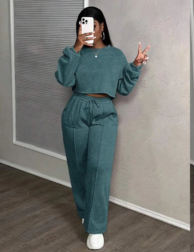 Ensemble deux pièces décontracté pour femme : Sweat-shirt ample à taille haute et pantalon droit – Collection Printemps-Automne