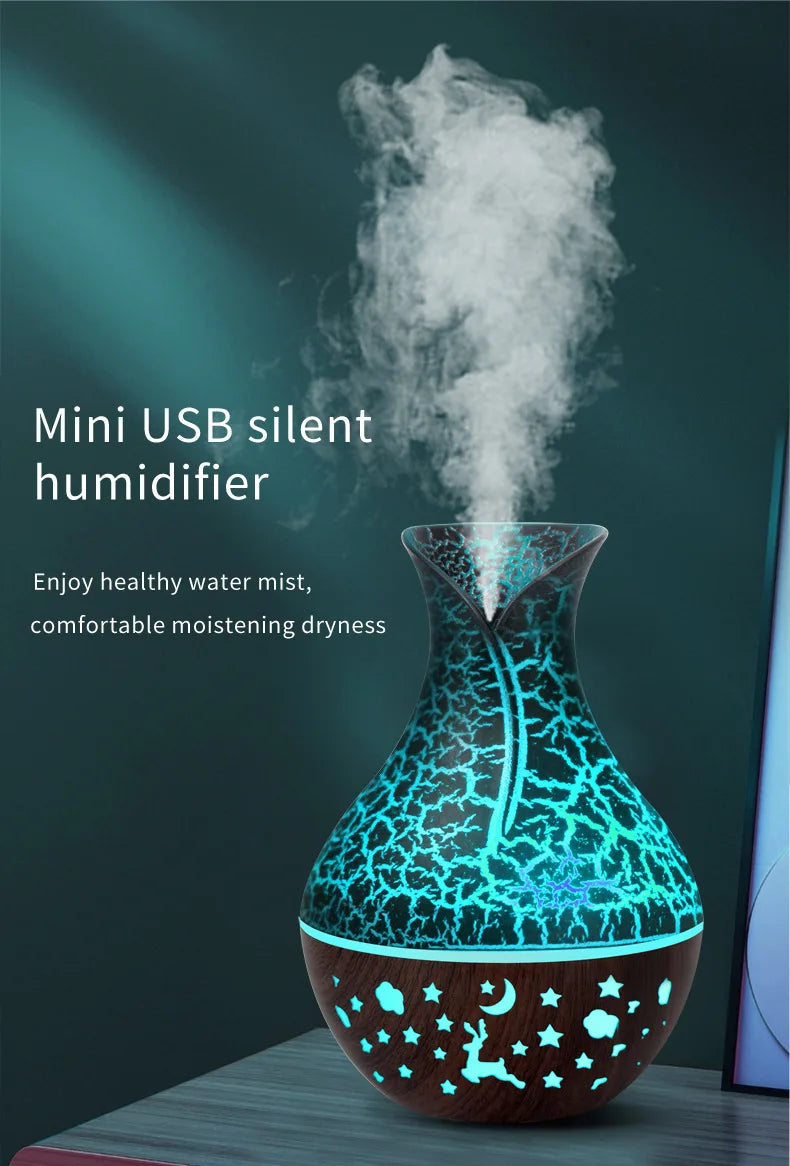 Mini Humidificateur Vase Design Bois 150ml — LED 7 Couleurs, Aromathérapie & USB 5V