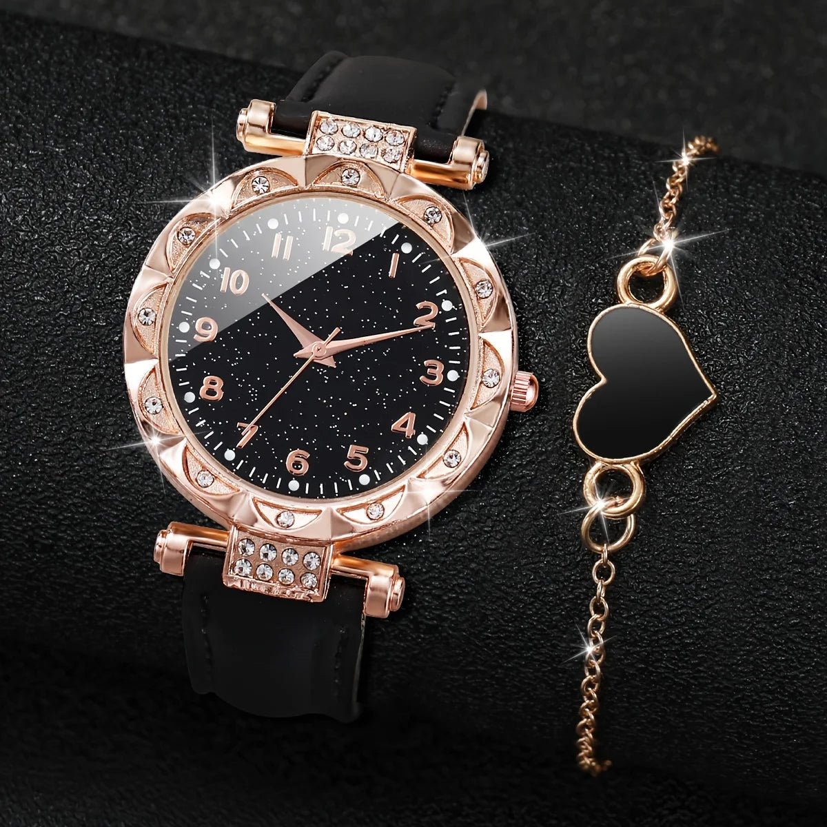 Coffret 2 Pièces Femme Strass — Montre Quartz Bracelet Cuir PU & Bracelet Cœur Assorti