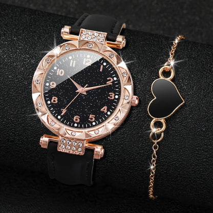 Coffret 2 Pièces Femme Strass — Montre Quartz Bracelet Cuir PU & Bracelet Cœur Assorti