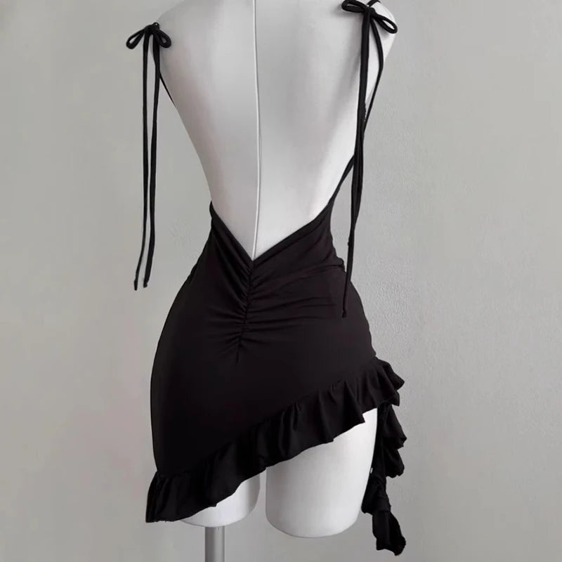 Mini Robe Noire Sexy — Dos Nu, Sans Bretelles, Lacets, Ligne A, Club & Soirée | TechNova X