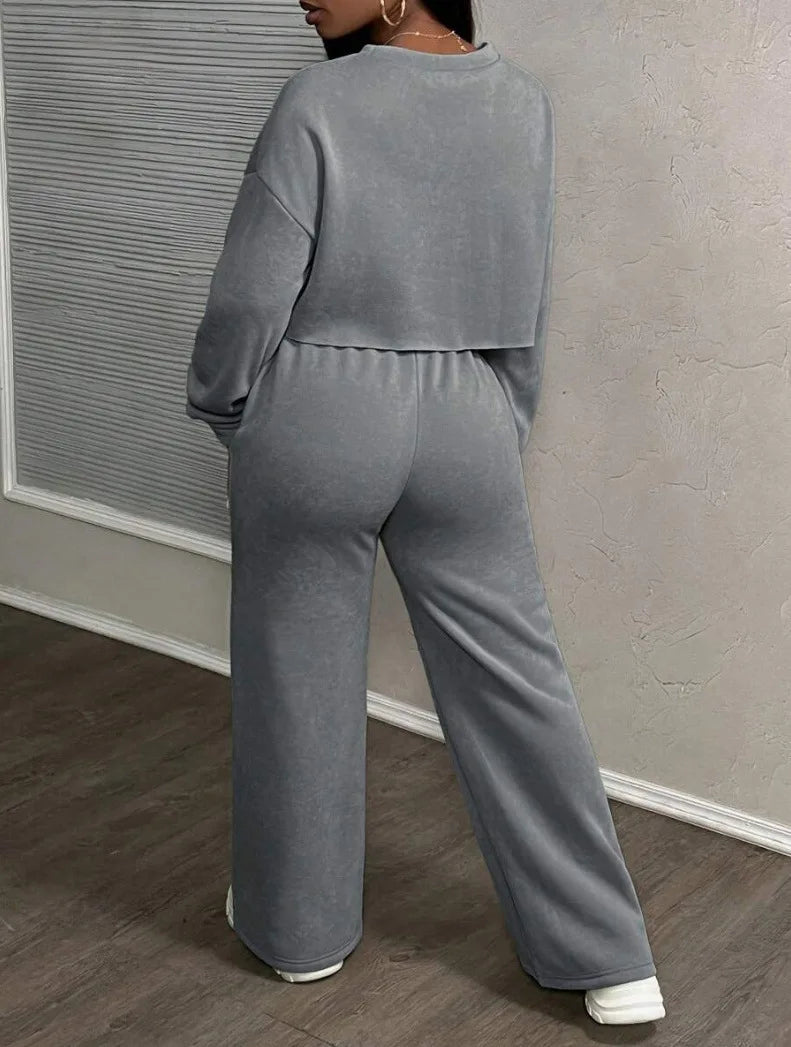 Ensemble deux pièces décontracté pour femme : Sweat-shirt ample à taille haute et pantalon droit – Collection Printemps-Automne