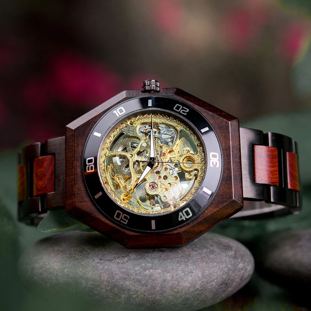 Montre Mécanique en Bois Homme BOBO BIRD — Squelette Lumineux, Étanche 3 ATM, Gravure Personnalisée, 6 Modèles | TechNova X