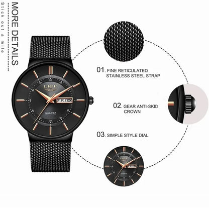 Montre Homme LIGE 9949 — Quartz Ultra-Fine, Bracelet Acier Inox, Date & Semaine, 3 ATM