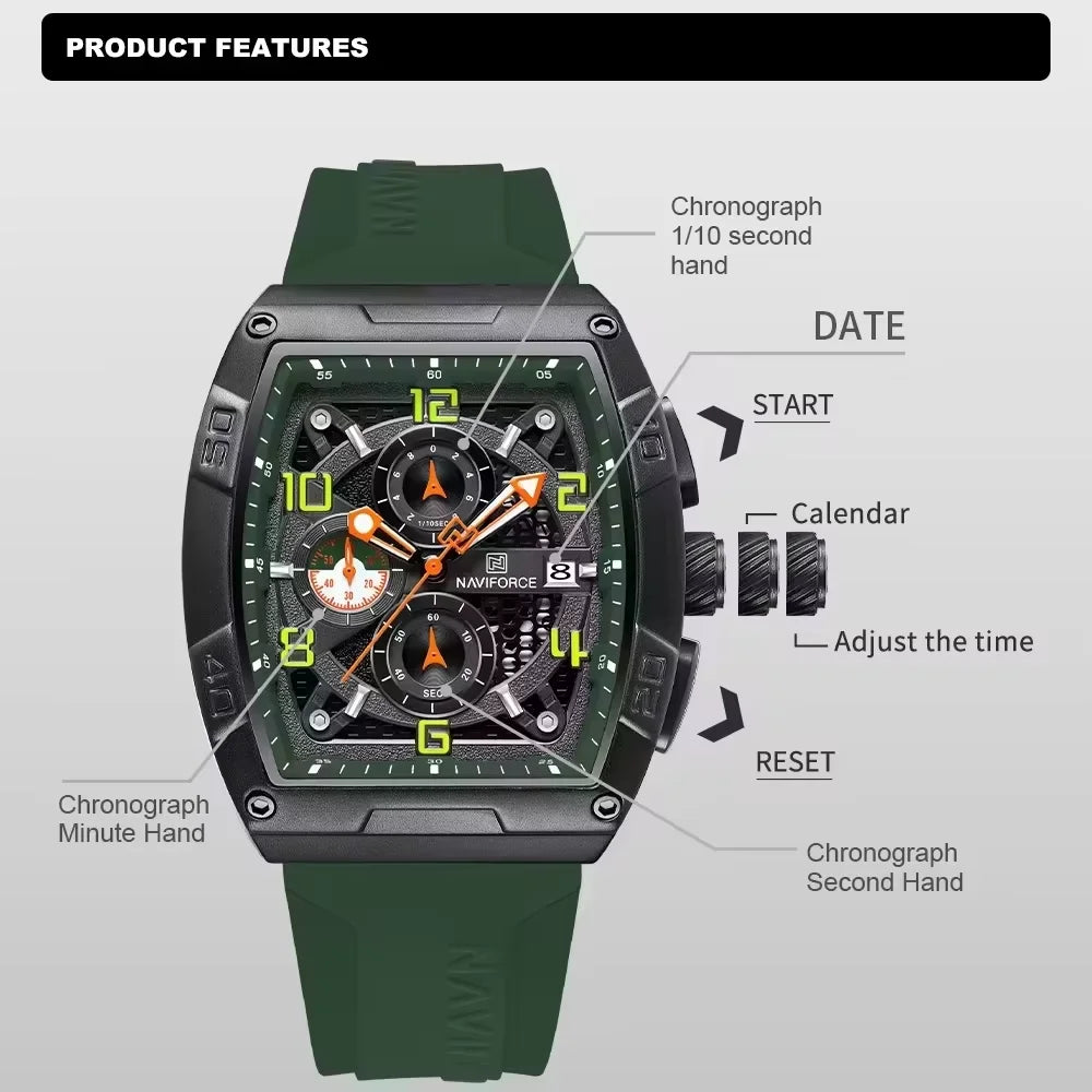 Montre Quartz Sport Homme NAVIFORCE NF8052 — Grand Cadran 44 mm, Chronographe, Aiguilles Lumineuses, Bracelet Silicone, 13 Coloris | TechNova X