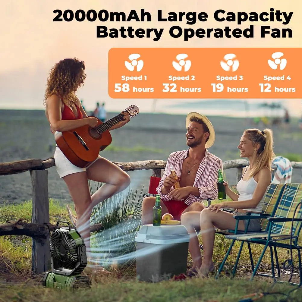 Ventilateur Camping 20 000mAh — LED 3 Niveaux, 4 Vitesses, Télécommande & Powerbank Intégré