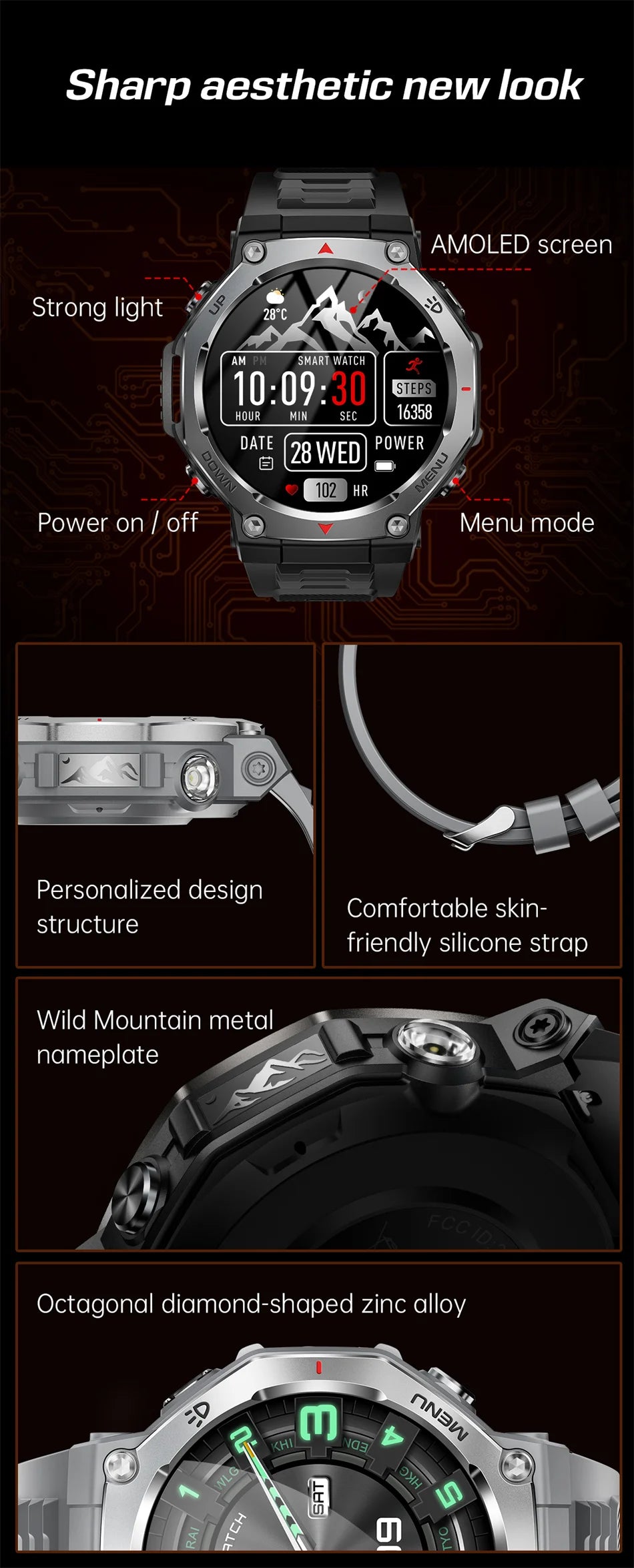 Montre Connectée Sport ZYKEXUAN T-Rex3 — AMOLED 1,43", Étanche 10 ATM, Boussole, Altimètre, 100+ Sports, 13 Coloris | TechNova X