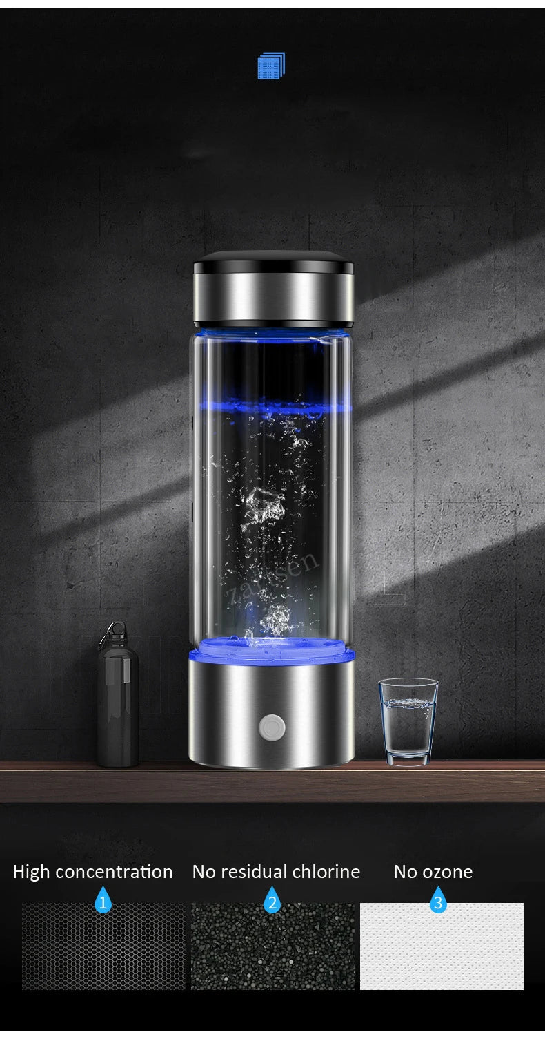 Bouteille Eau Hydrogène 430ml — Ioniseur Alcalin, Filtration 5 Étapes & Rechargeable USB