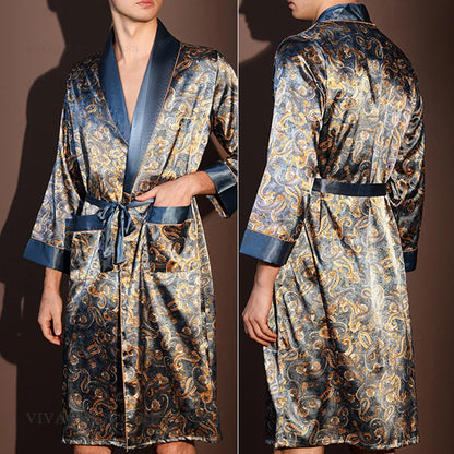 Kimono Peignoir Satin Imprimé Homme — Robe de Chambre avec Poches, Col en V