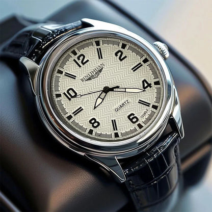 Montre Quartz Homme Business — Boîtier Rond Alliage, Bracelet Cuir, Étanche 3 ATM, Coffret Cadeau Inclus | TechNova X