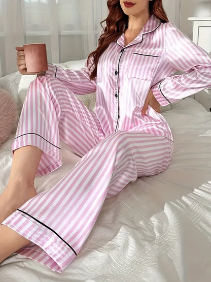 Ensemble Pyjama Satin Rayé Femme — Haut Boutons & Pantalon Long