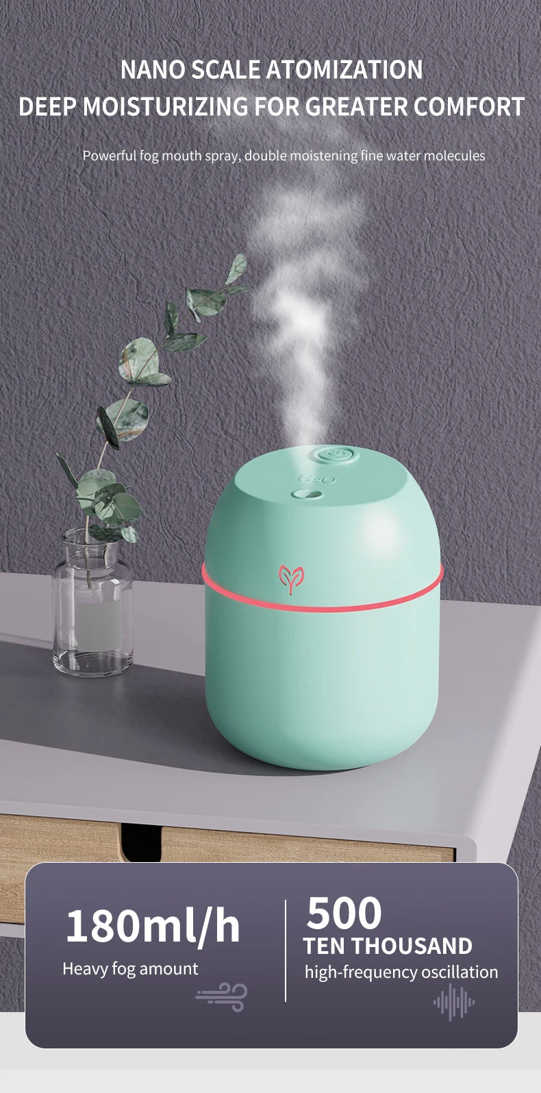 Mini Humidificateur USB 220ml — Aromathérapie, Silencieux, Arrêt Auto & 3 Coloris