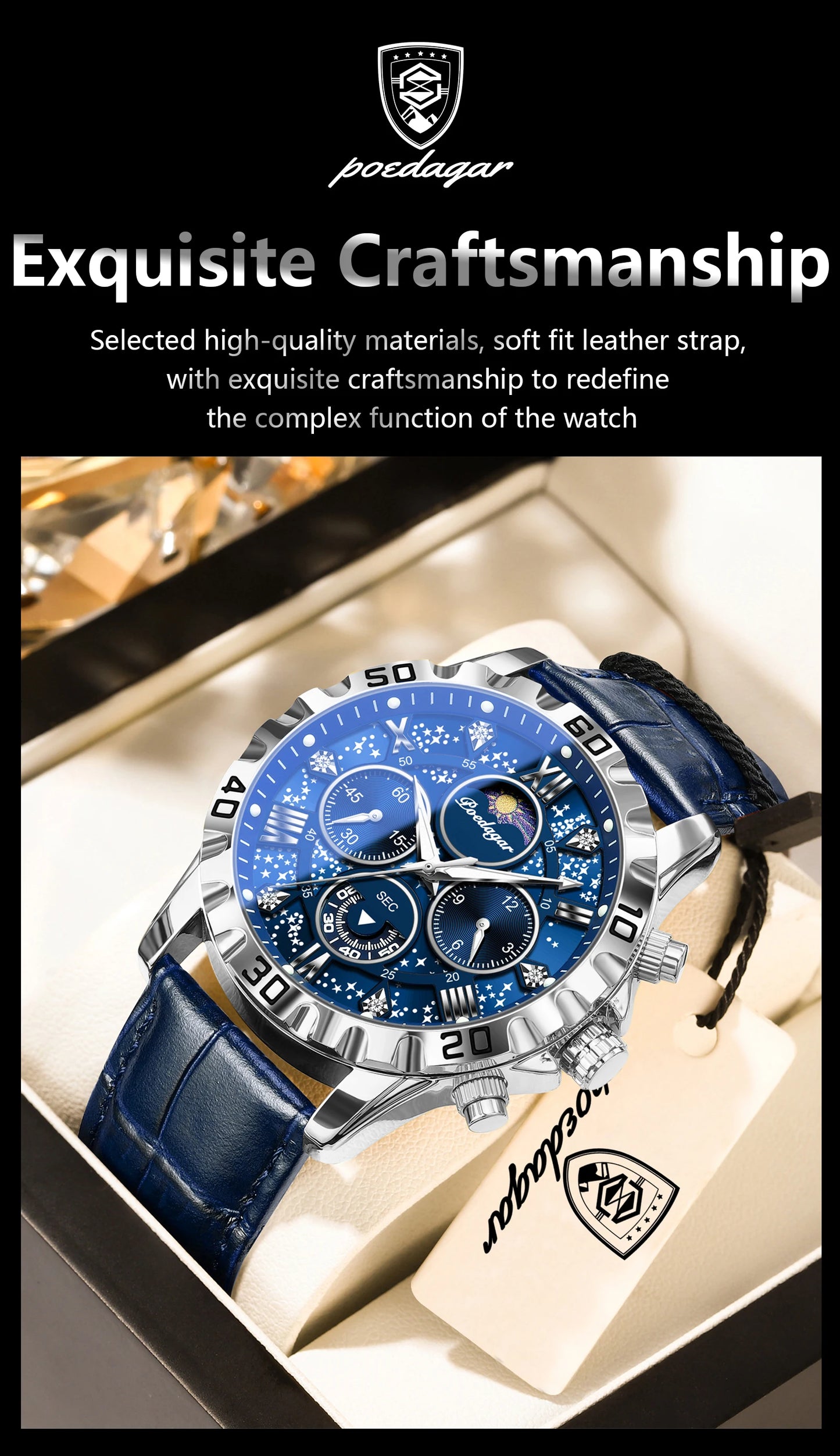 Montre Quartz Luxe Homme POEDAGAR 973 — Chronographe Lumineux, Verre Saphir, Bracelet Cuir, 3 ATM, 7 Coloris | TechNova X
