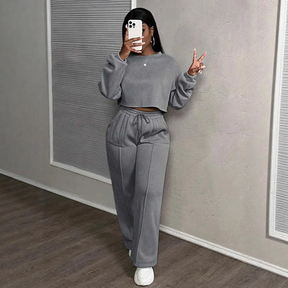 Ensemble deux pièces décontracté pour femme : Sweat-shirt ample à taille haute et pantalon droit – Collection Printemps-Automne