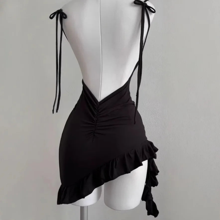 Mini Robe Noire Sexy — Dos Nu, Sans Bretelles, Lacets, Ligne A, Club & Soirée | TechNova X
