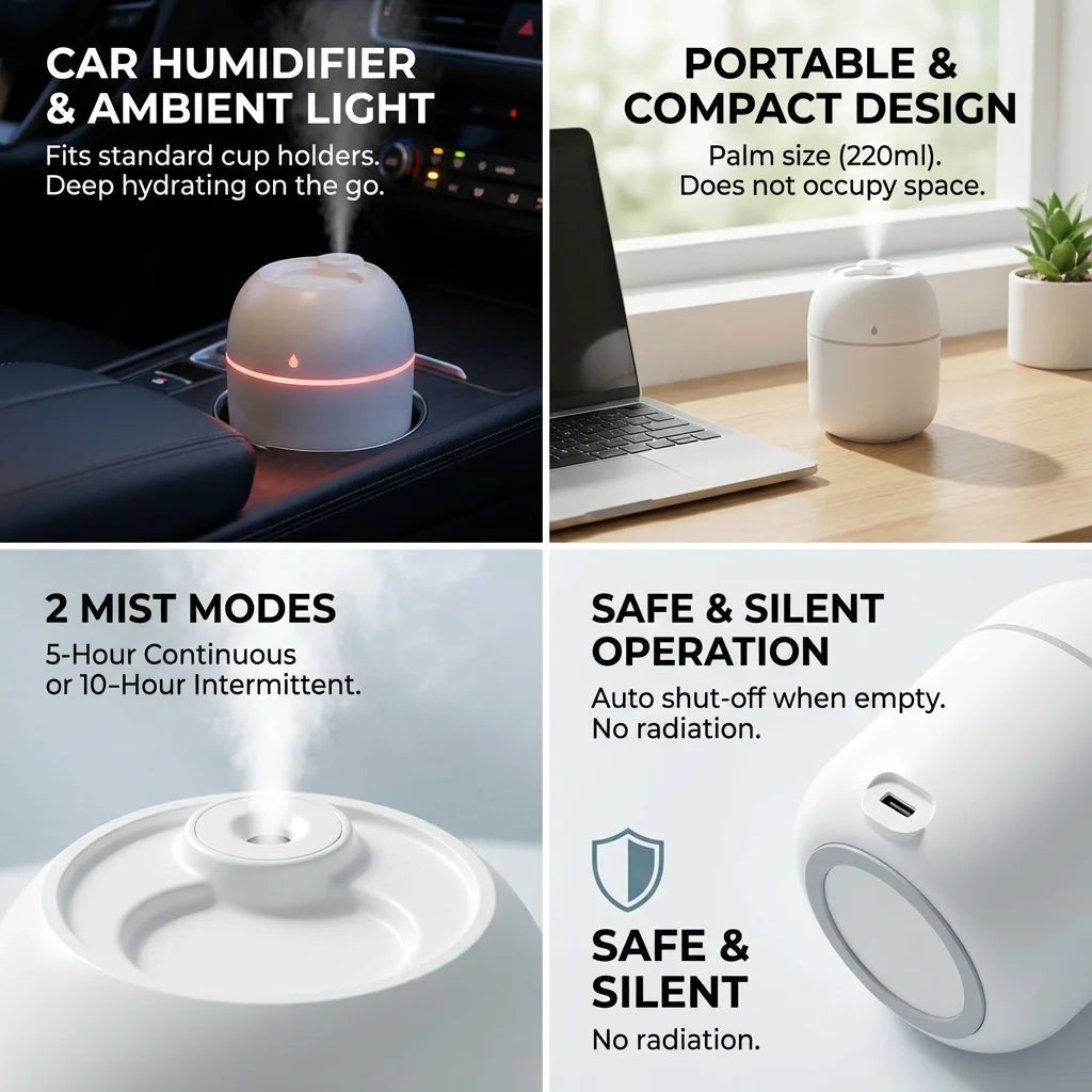 Humidificateur Portable USB 220ml — Brume Anionique, Purificateur d'Air & Diffuseur Arôme