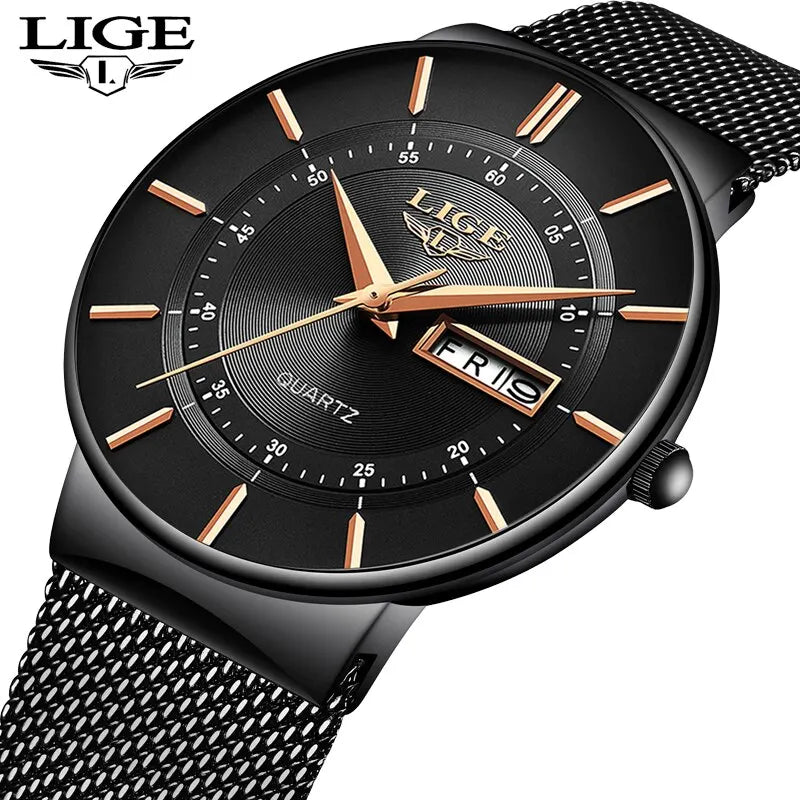 Montre Homme LIGE 9949 — Quartz Ultra-Fine, Bracelet Acier Inox, Date & Semaine, 3 ATM