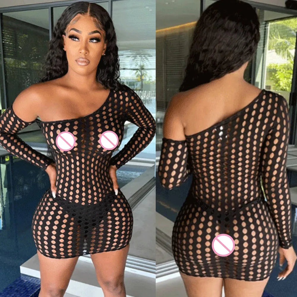 Robe courte en résille pour femmes, lingerie sexy, jupe ronde, vêtements de nuit, mini robe slim