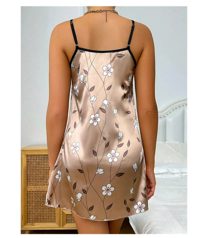 Robe de nuit en satin à imprimé floral pour femme, confortable, bretelles spaghetti, luxueuse, slip
