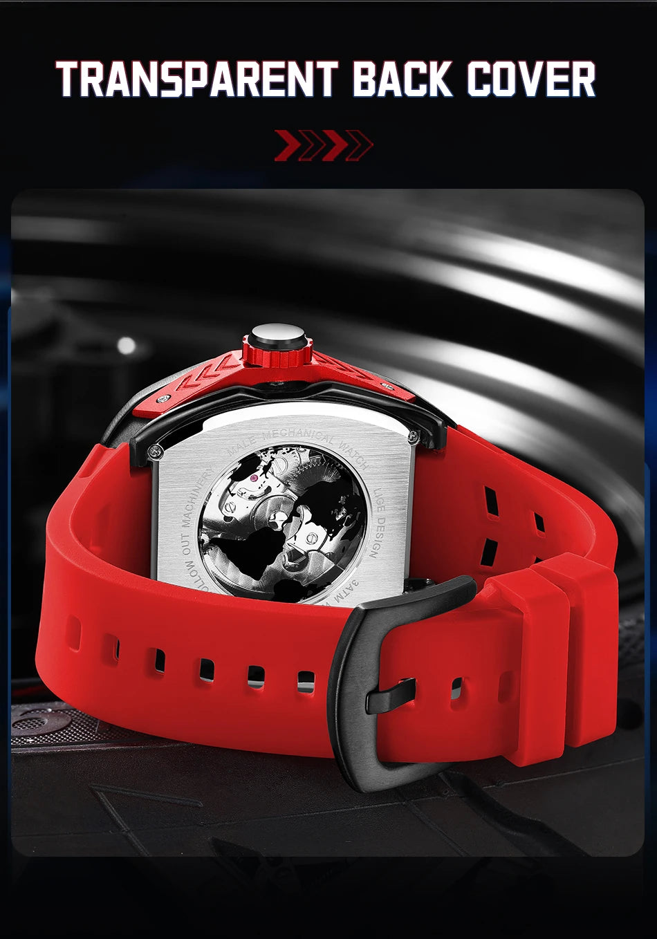 Montre Mécanique Homme Squelette — Boîtier Carré Acier, Automatique, Étanche 3 ATM, Bracelet Silicone | TechNova X