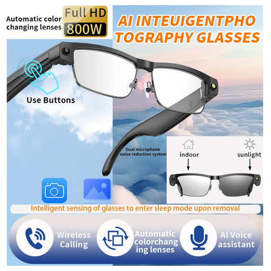 LIGE 800W HD caméra lunettes intelligentes 1200P HD vidéo enregistrement Chat traduction commande vocale appel lunettes de soleil lentilles à couleur changeante
