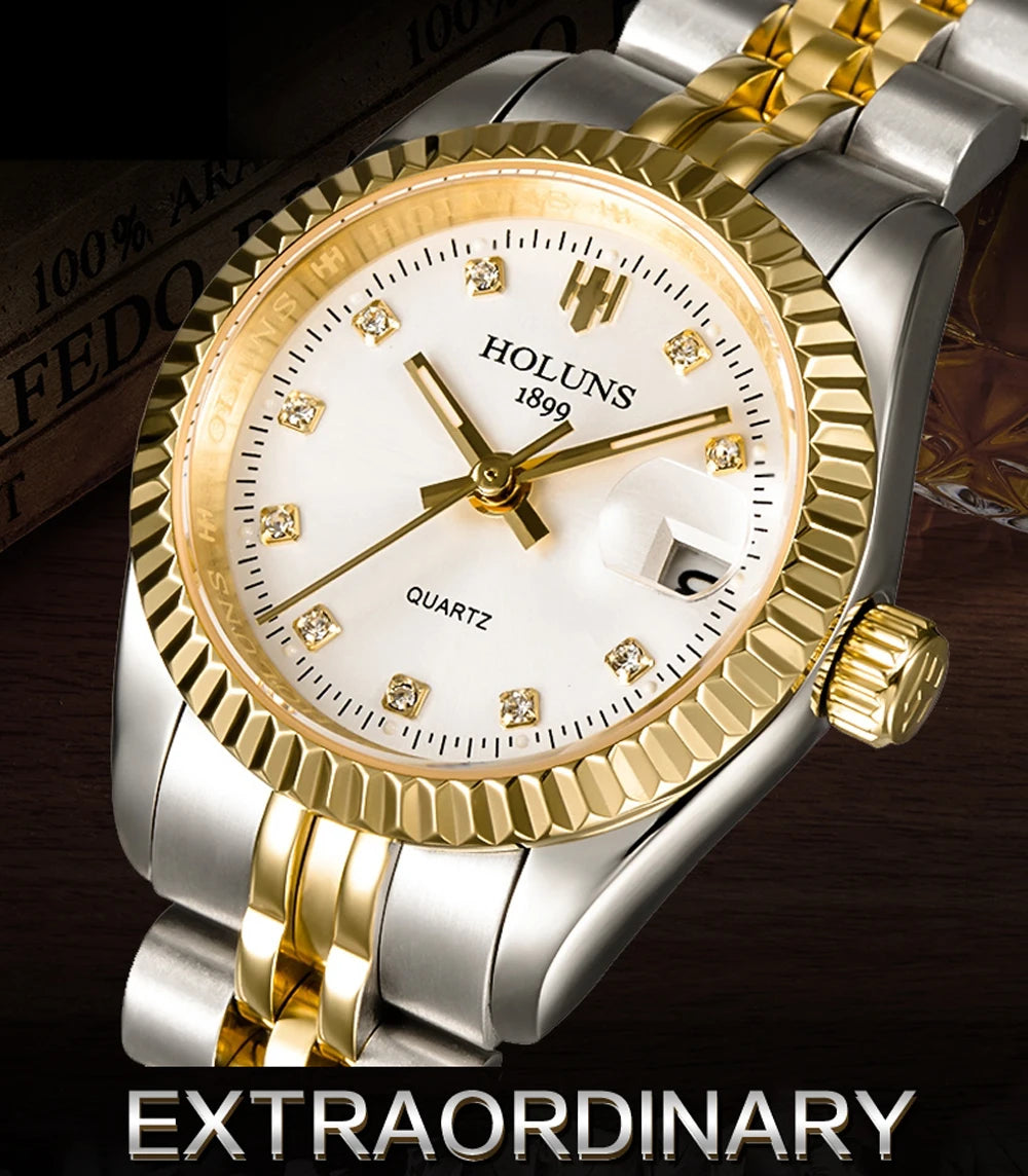 Montre Femme Luxe Diamant — Quartz Acier Inoxydable, Étanche 5 ATM
