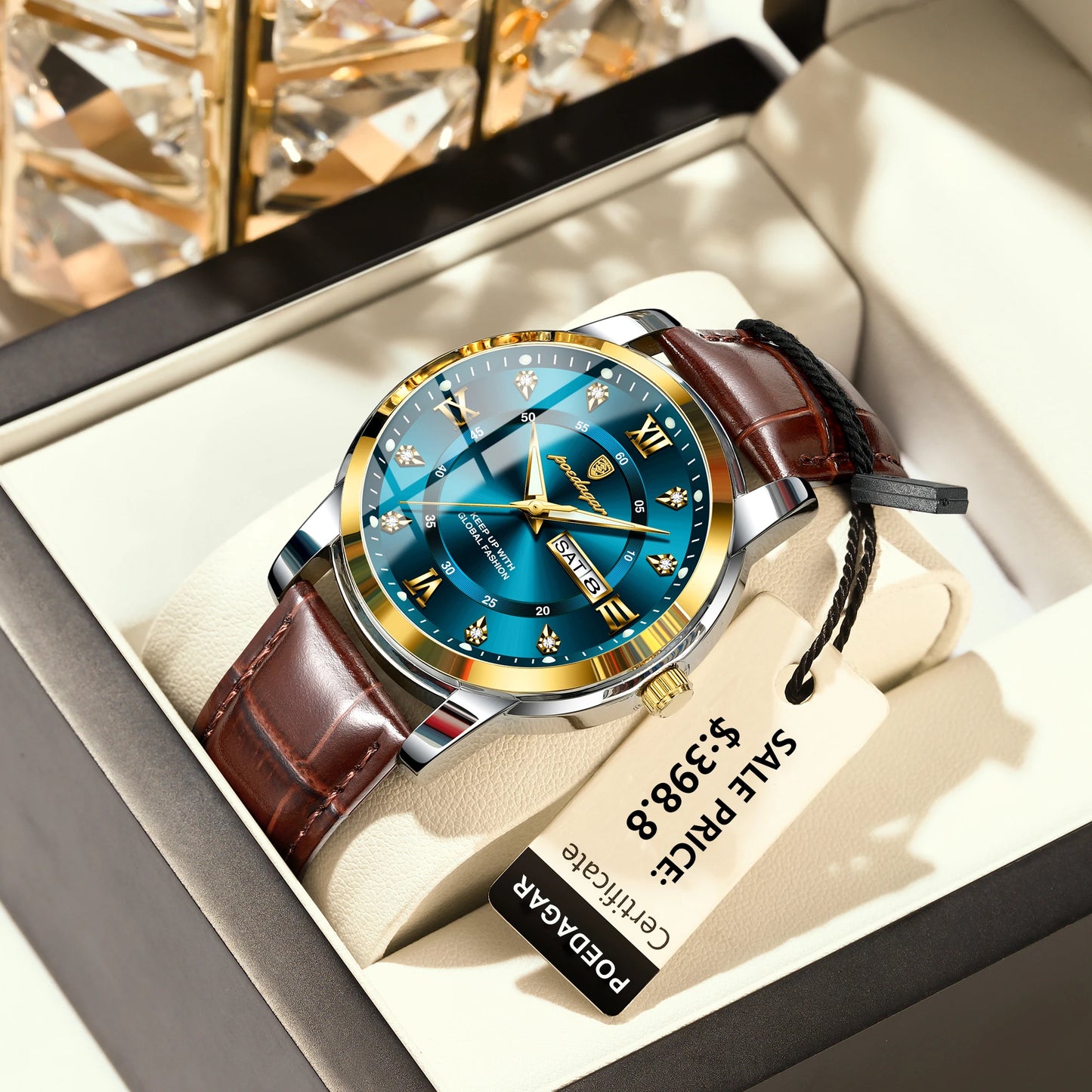 Montre Homme POEDAGAR 936L — Quartz, Bracelet Cuir, Lumineux, Date & Semaine