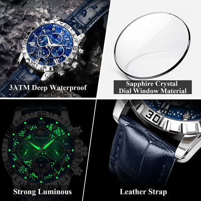 Montre Quartz Luxe Homme POEDAGAR 973 — Chronographe Lumineux, Verre Saphir, Bracelet Cuir, 3 ATM, 7 Coloris | TechNova X