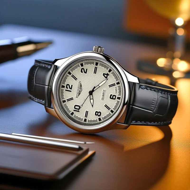 Montre Quartz Homme Business — Boîtier Rond Alliage, Bracelet Cuir, Étanche 3 ATM, Coffret Cadeau Inclus | TechNova X
