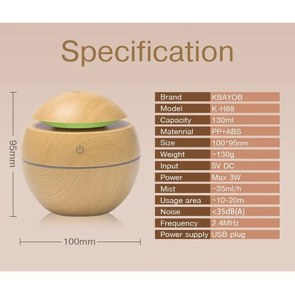 Humidificateur Design Bois USB 130ml — Diffuseur Arôme Ultrasonique, 200ml/h & Arrêt Auto