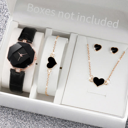 Coffret Bijoux Femme 5 Pièces — Montre Quartz Bracelet Cuir, Boucles d’Oreilles, Collier & Bracelet