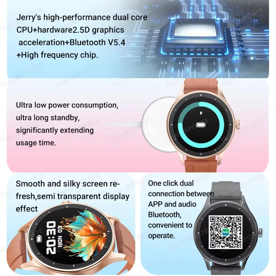 Montre Connectée Ola Esporte — OLED 1,44", BT 5.2, Suivi Santé Complet, Appels Bluetooth, Assistant Vocal, 5 Jours, 7 Styles | TechNova X
