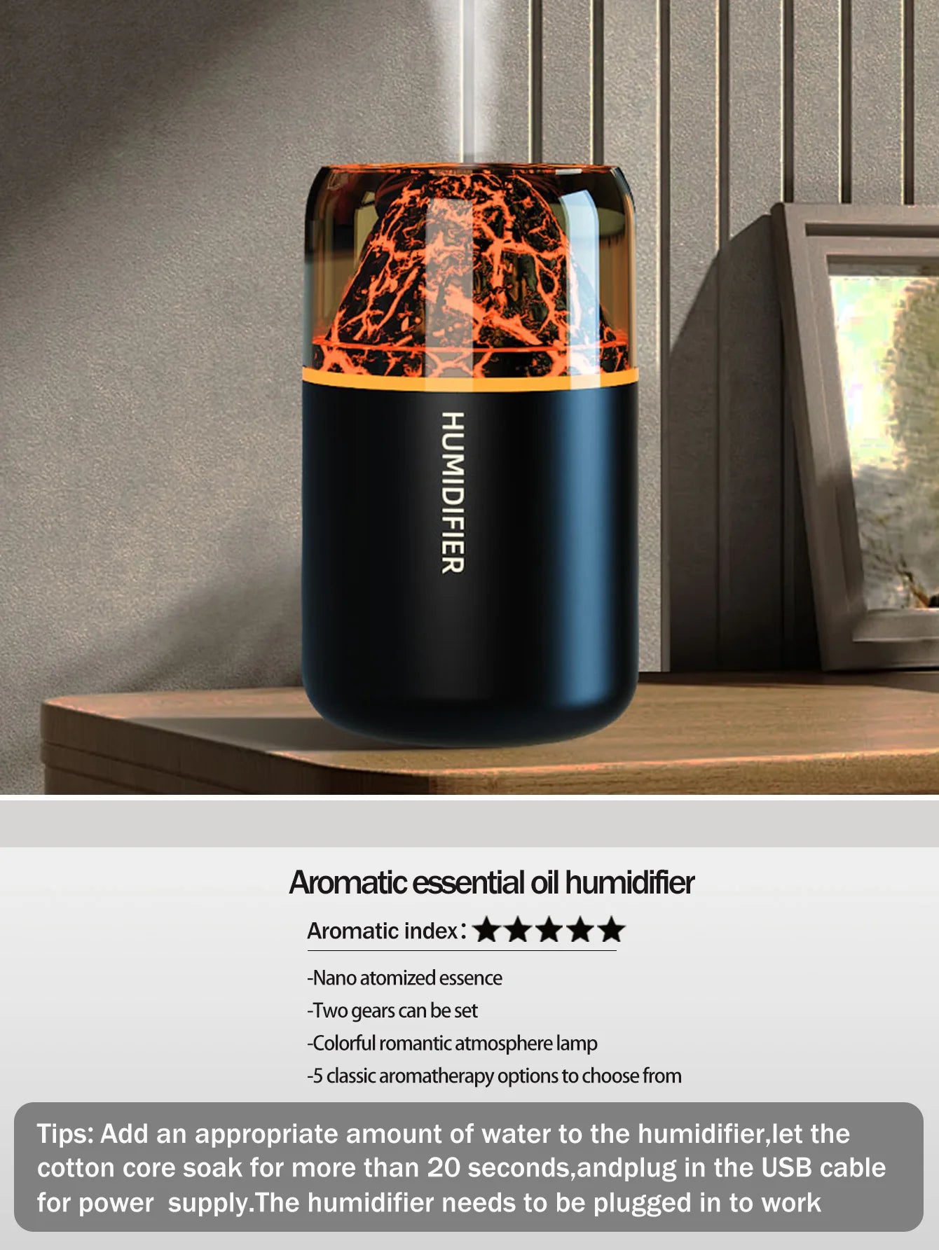 Diffuseur Aromathérapie USB Volcanique — Humidificateur & Veilleuse Colorée