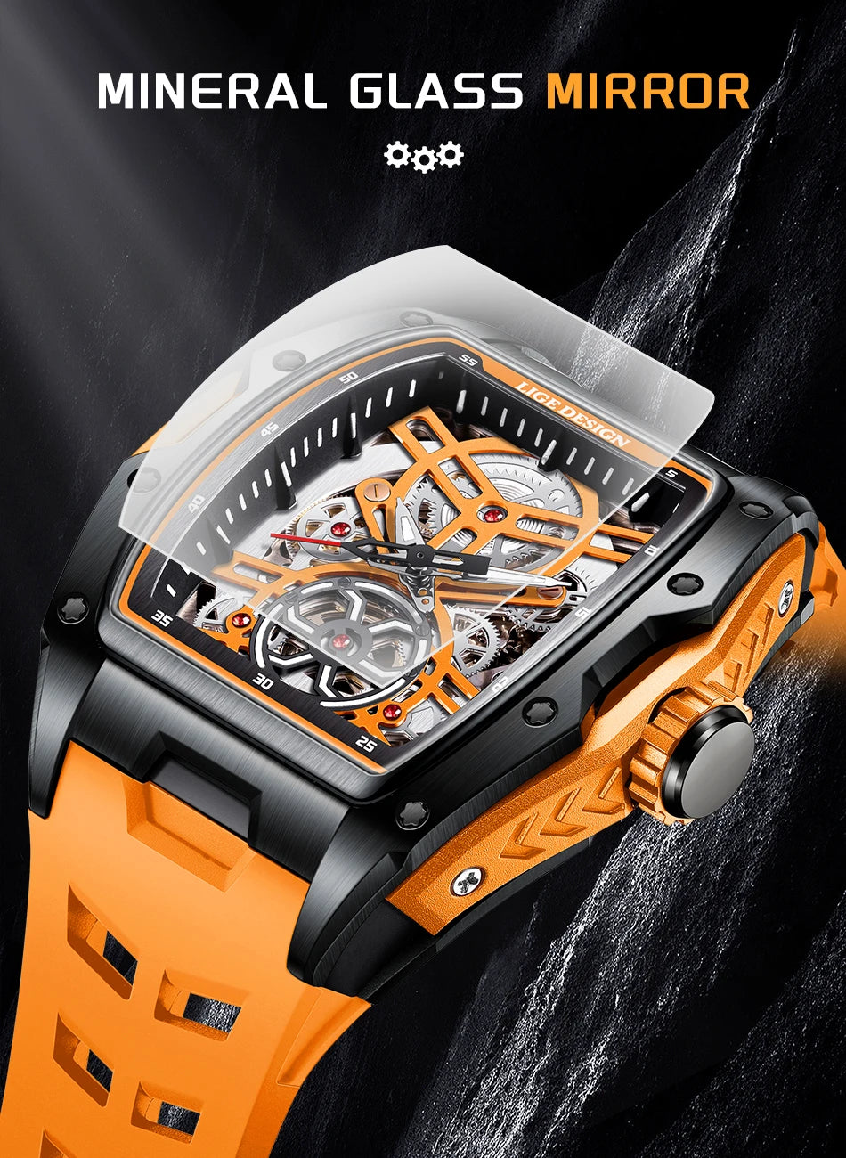 Montre Mécanique Automatique Homme LIGE — Squelette Tourbillon, Boîtier Carré, Étanche 3 ATM, 4 Coloris | TechNova X