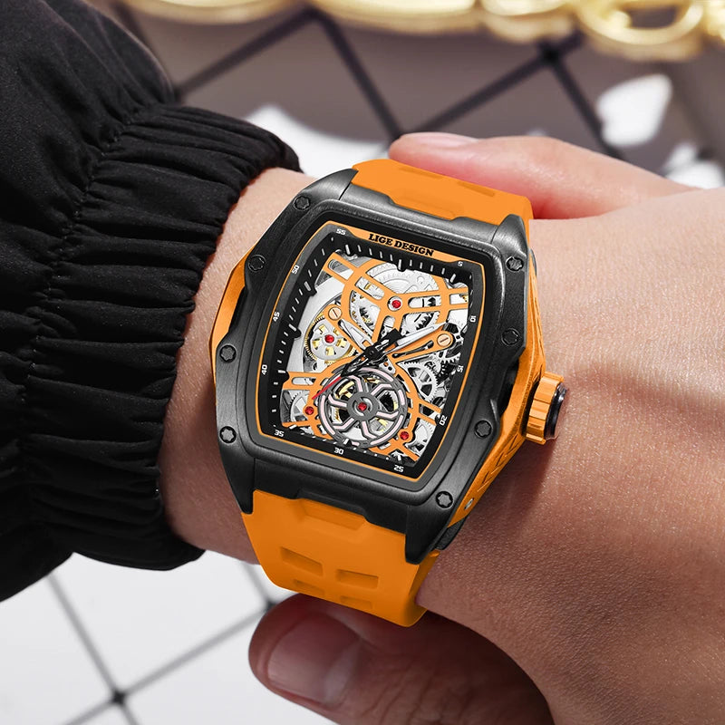 Montre Mécanique Homme Squelette — Boîtier Carré Acier, Automatique, Étanche 3 ATM, Bracelet Silicone | TechNova X