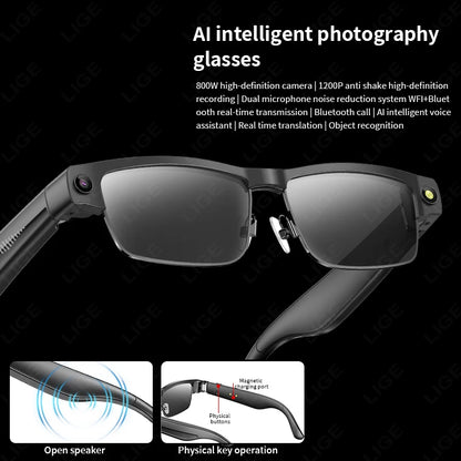 LIGE 800W HD Camera Smart Glasses 1200P HD Video Recording Chat Translation Voice Control Calling Sunglasses Color-Changing Lenses