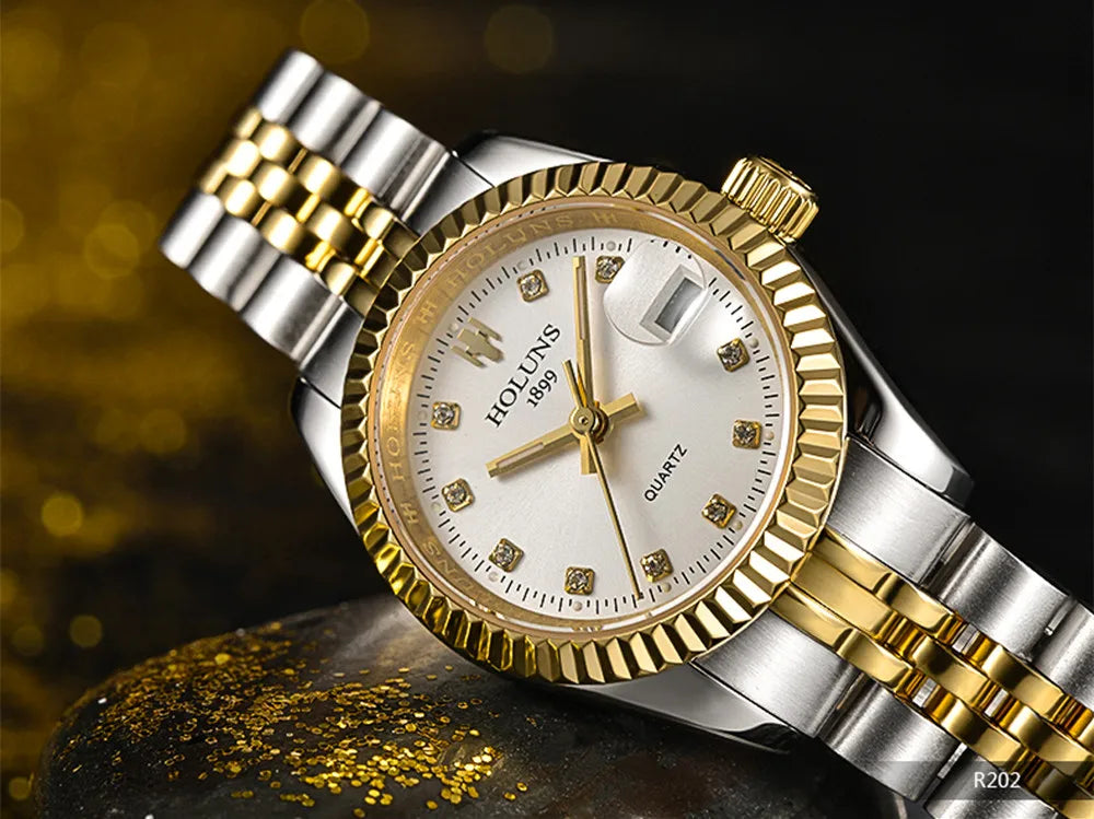 Montre Femme Luxe Diamant — Quartz Acier Inoxydable, Étanche 5 ATM