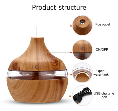 Humidificateur Ultrasonique 300ml Design Bois — LED 7 Couleurs, Commande Tactile & USB 5V