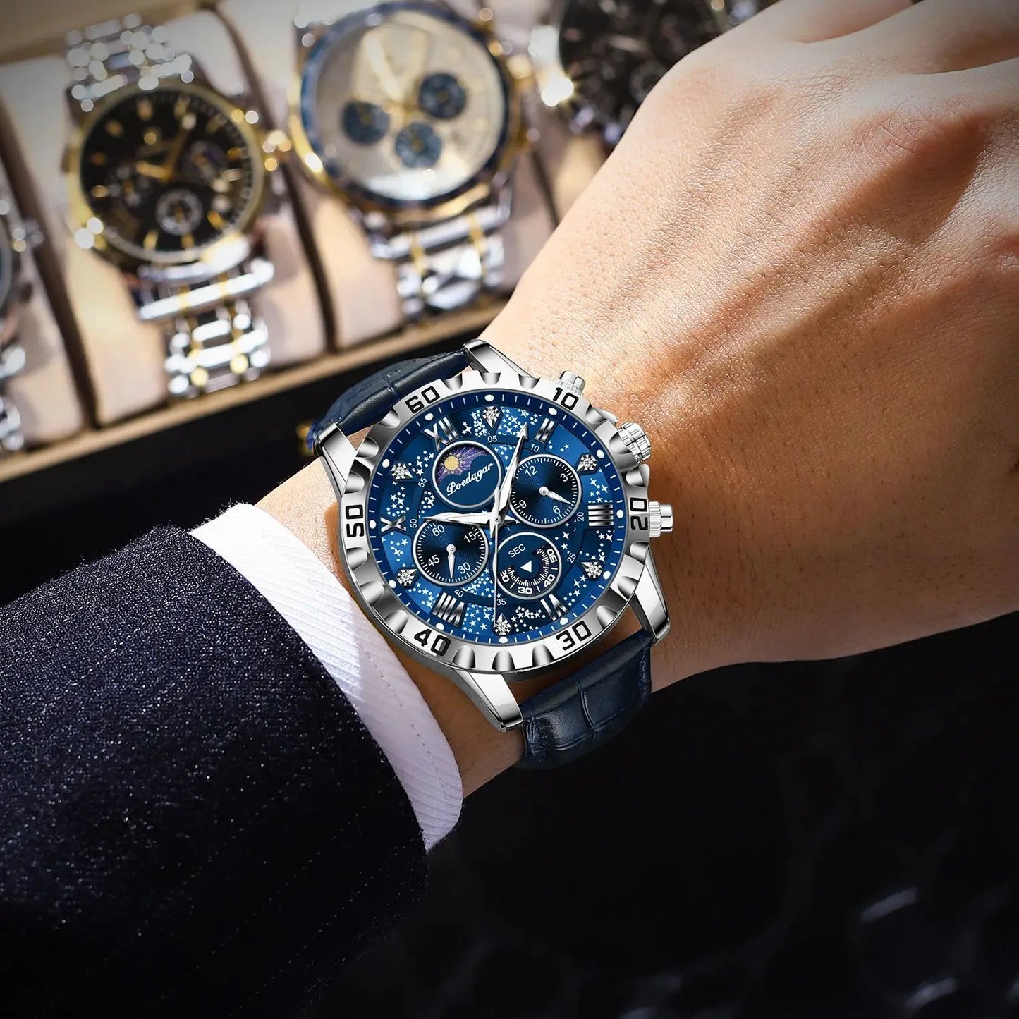 Montre Quartz Luxe Homme POEDAGAR 973 — Chronographe Lumineux, Verre Saphir, Bracelet Cuir, 3 ATM, 7 Coloris | TechNova X