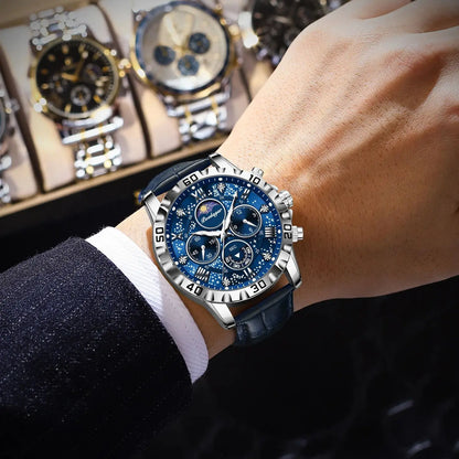 Montre Quartz Luxe Homme POEDAGAR 973 — Chronographe Lumineux, Verre Saphir, Bracelet Cuir, 3 ATM, 7 Coloris | TechNova X