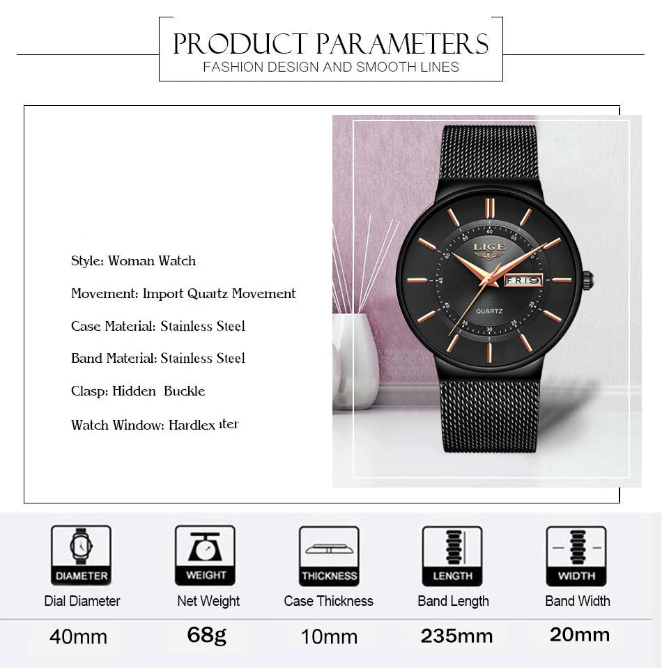 Montre Homme LIGE 9949 — Quartz Ultra-Fine, Bracelet Acier Inox, Date & Semaine, 3 ATM