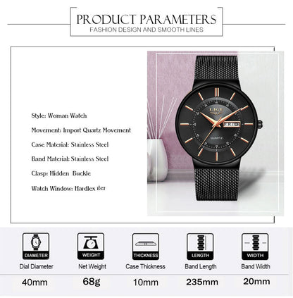 Montre Homme LIGE 9949 — Quartz Ultra-Fine, Bracelet Acier Inox, Date & Semaine, 3 ATM