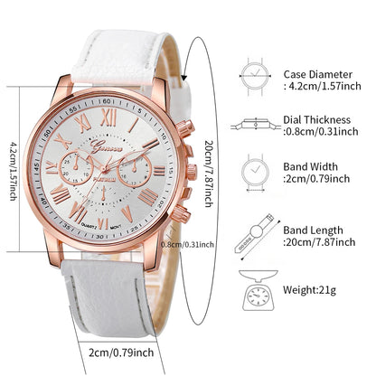 Coffret 6 Pièces Femme Style Roma — Montre Quartz Chiffres Romains 42mm + 5 Bracelets Cuir Interchangeables