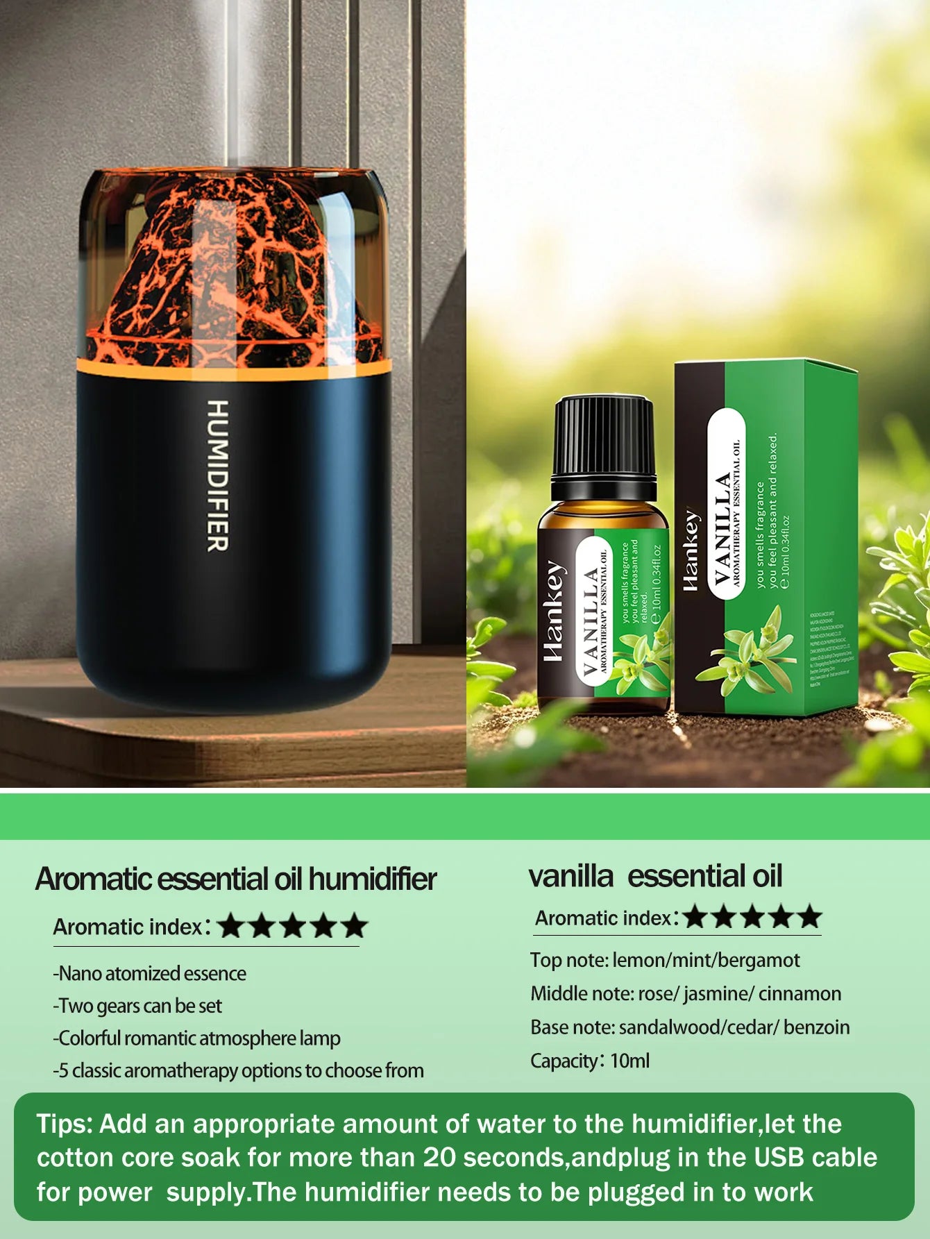 Diffuseur Aromathérapie USB Volcanique — Humidificateur & Veilleuse Colorée
