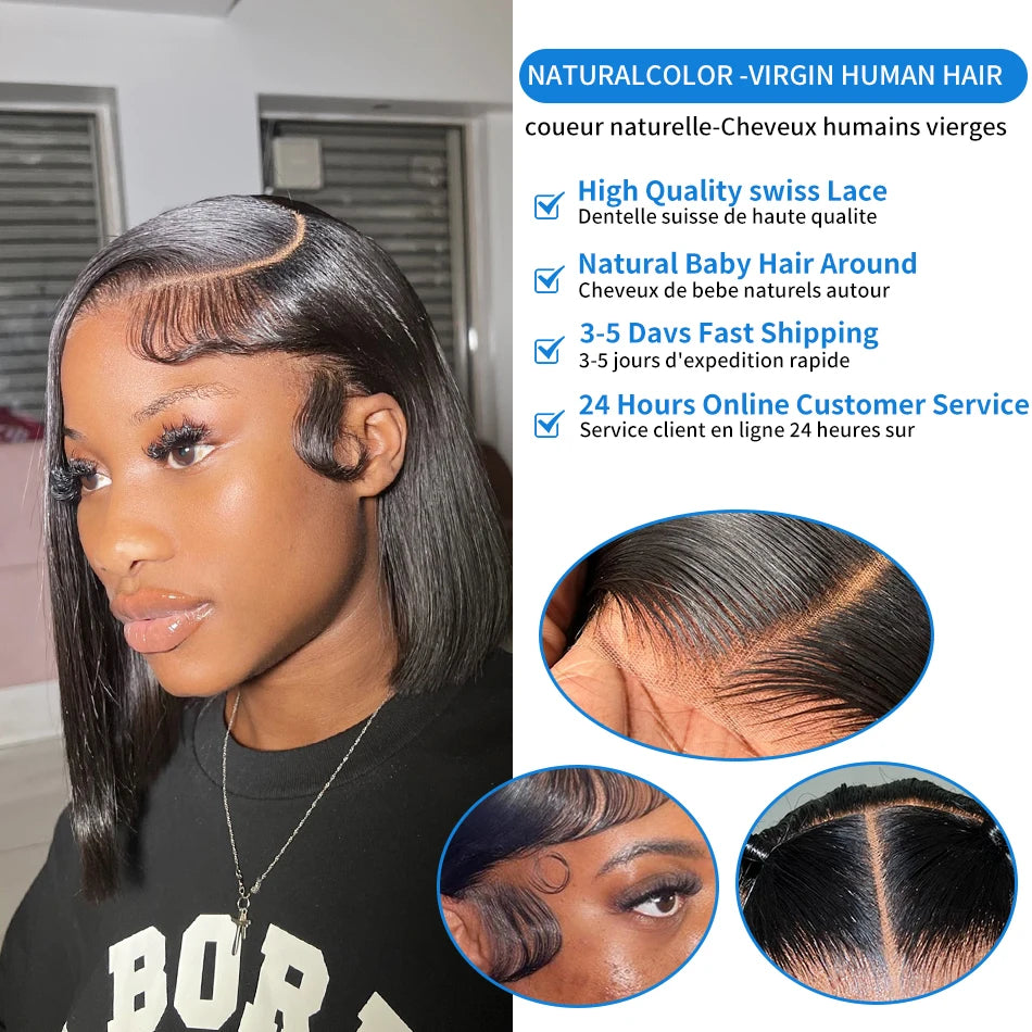 Xcurly-Perruque Bob courte droite pour femme, dentelle transparente HD, perruques de cheveux humains, perruque de fermeture, pré-plumée, 13x6, 13x4, 5x5