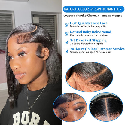 Xcurly-Perruque Bob courte droite pour femme, dentelle transparente HD, perruques de cheveux humains, perruque de fermeture, pré-plumée, 13x6, 13x4, 5x5