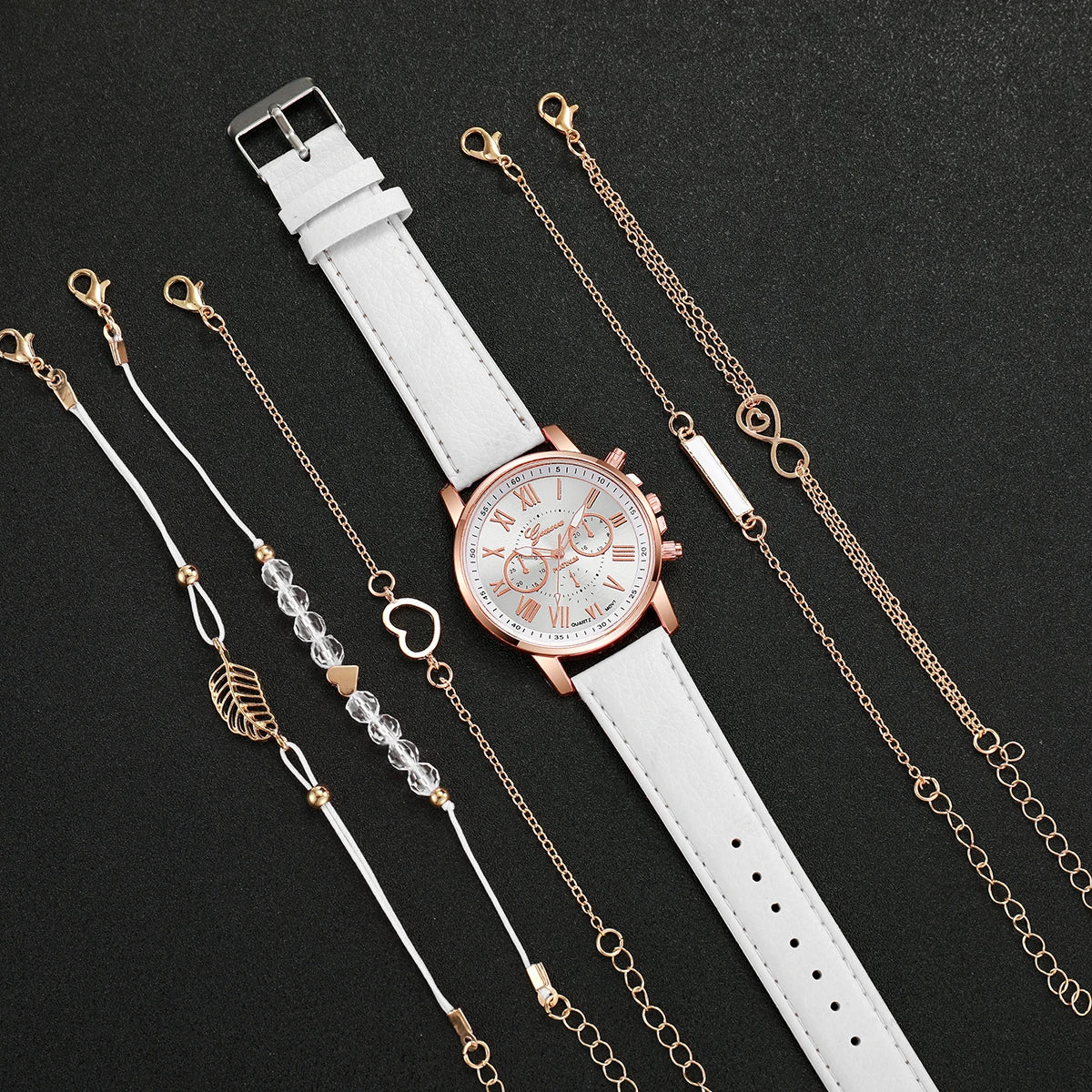 Coffret 6 Pièces Femme Style Roma — Montre Quartz Chiffres Romains 42mm + 5 Bracelets Cuir Interchangeables